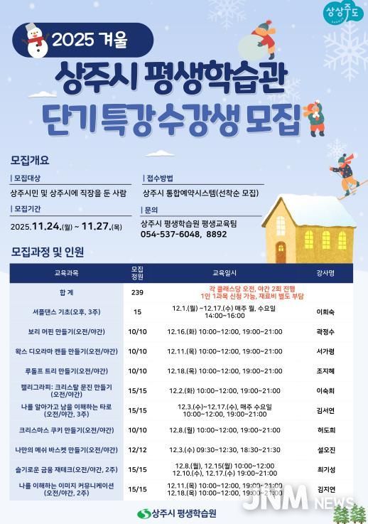 상주시, 평생학습관 겨울 인문학·단기특강 운영