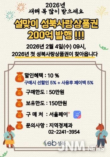 성북구, 설 앞두고 200억 원 규모 성북사랑상품권 발행