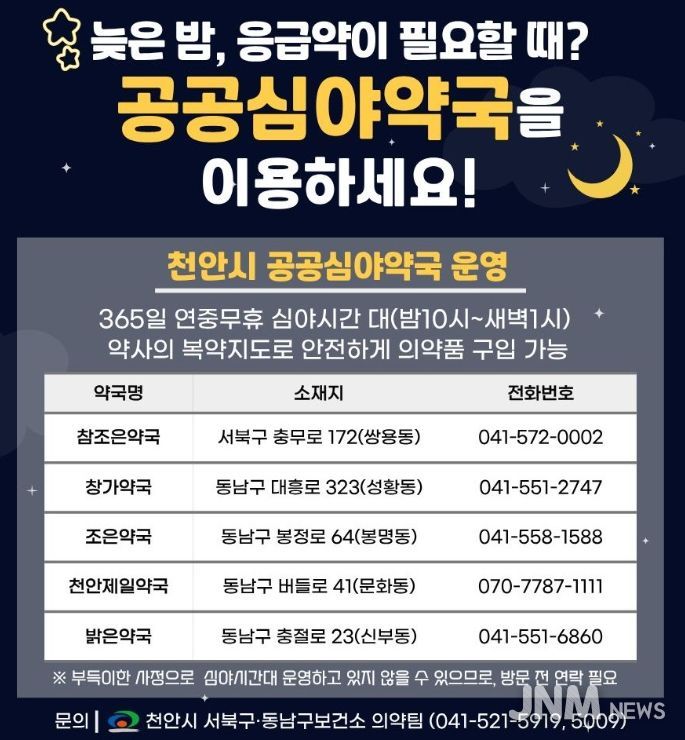 1. 천안시 공공심야약국 홍보문.