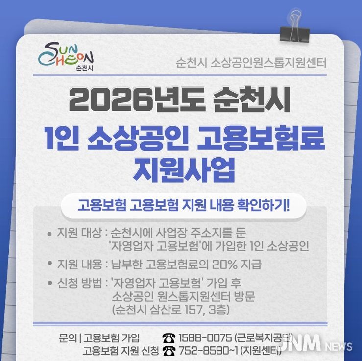 순천시, 1인 소상공인 고용보험료 20% 추가 지원