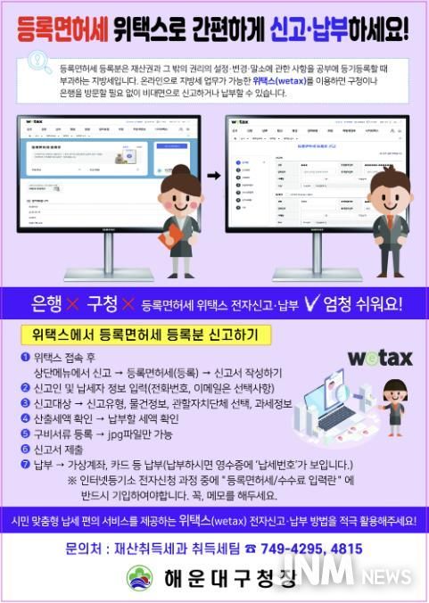 부산 해운대구, 등록면허세 위택스 전자신고·납부 적극 안내
