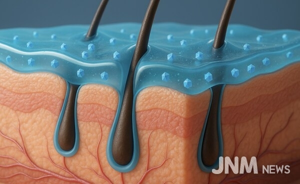 Cross-sectional illustration of human skin treated with a topical Eligobiotics-based gel. The translucent blue gel contains protein-based nanoparticles designed to deliver their DNA payload to bacteria localized within hair follicles, enabling the local expression of therapeutic biologics.