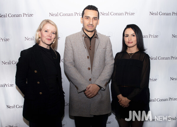 2025 Neal Conan Prize winner, Mohammed Mhawish (center), with 2024 winner, Hind Hassan (right), and inaugural winner, Jane Ferguson (left).