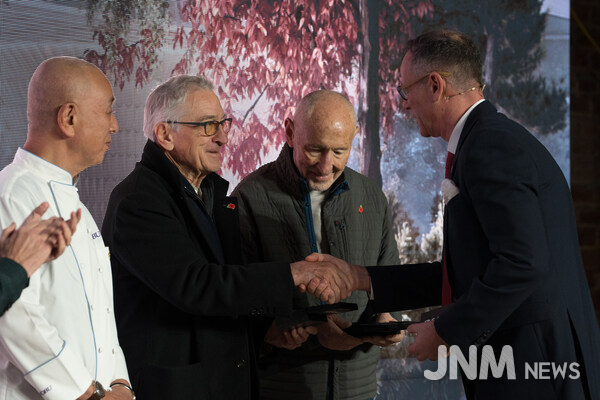 Simon Ismail presents first Nobu Residence Manchester keys to Nobu Founders - Robert De Nero, Chef Nobu & Meir Teper
